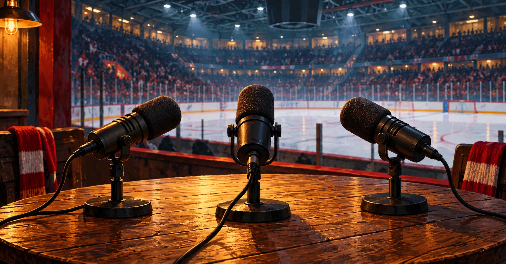 Three unattended podcast microphones on a wooden table overlooking a red and navy ice-hockey arena.
